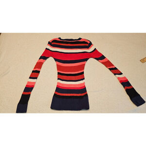 Trina Turk Striped Ribbed Sweater Cotton Long Sleeve Fitted Stretch Knit Sz XS